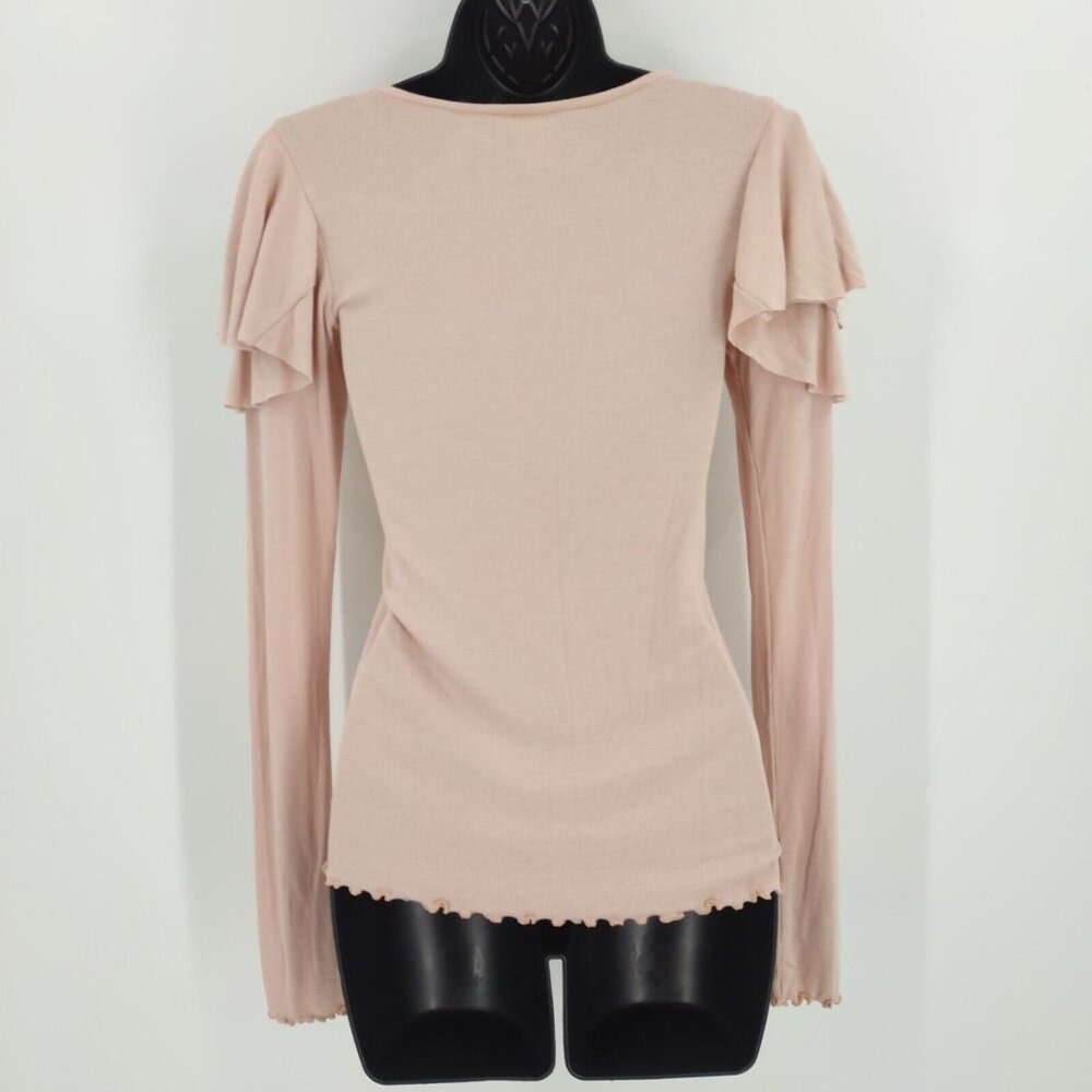 FP We The Free Sz XS Light Pink Round Neck Ruffle Shoulder Long Sleeve Casual T - Picture 5 of 8